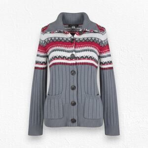 Eddie Bauer Gray Red Fair Isle Cowl Neck Button Up Cardigan Sweater Size Small